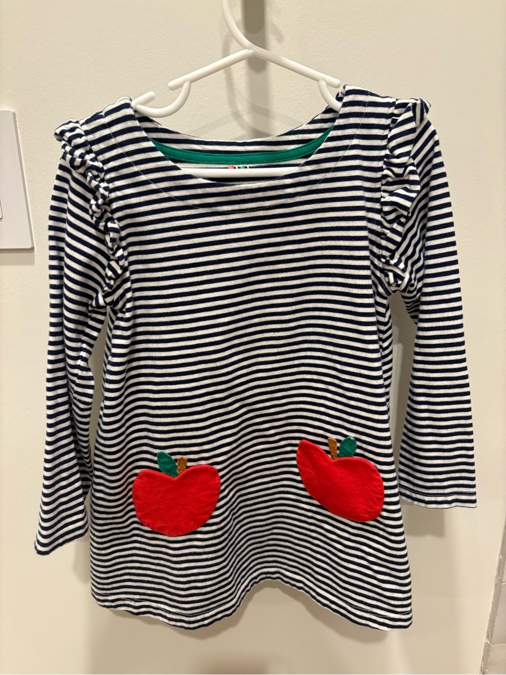Mini Boden Navy & White Striped Long-Sleeve Top with Red Apple Appliqués